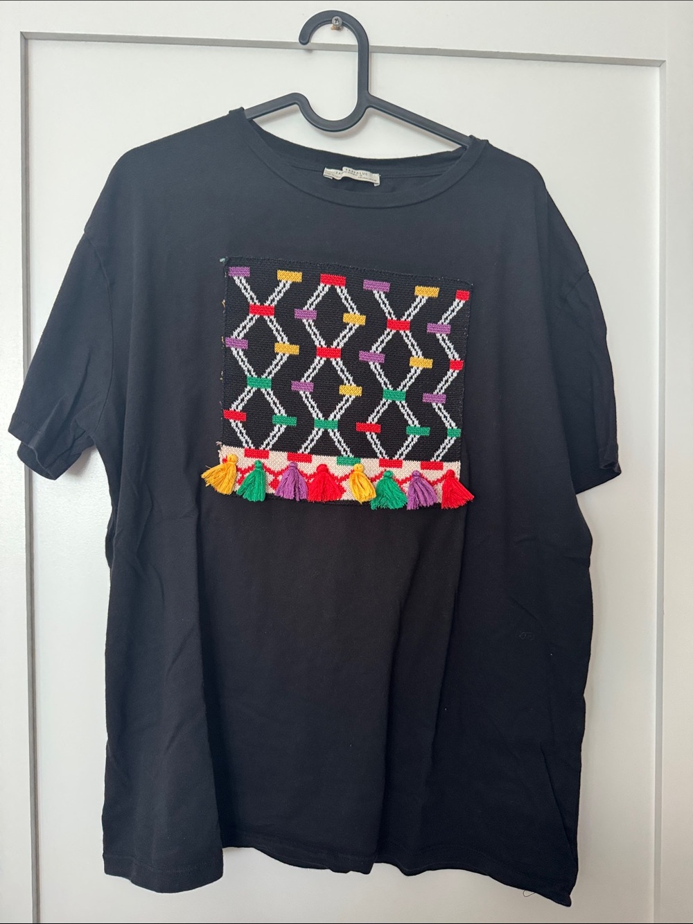 Zara Black Short Sleeve Tee with Multicolor Tassel Patch